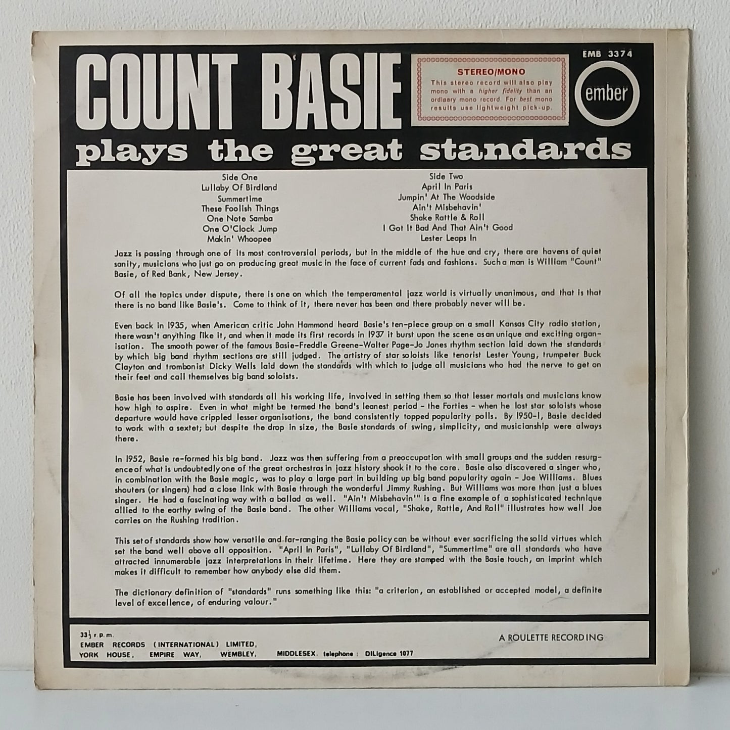 Count Basie – Count Basie Plays The Great Standards (Used LP)