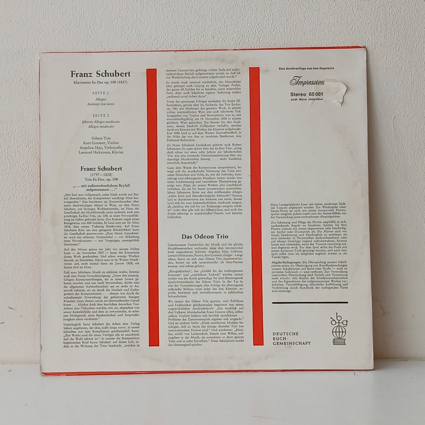 Franz Schubert, Odeon Trio, Angelica May – Klaviertrio Es-Dur Op.100 (1827) (Used LP)