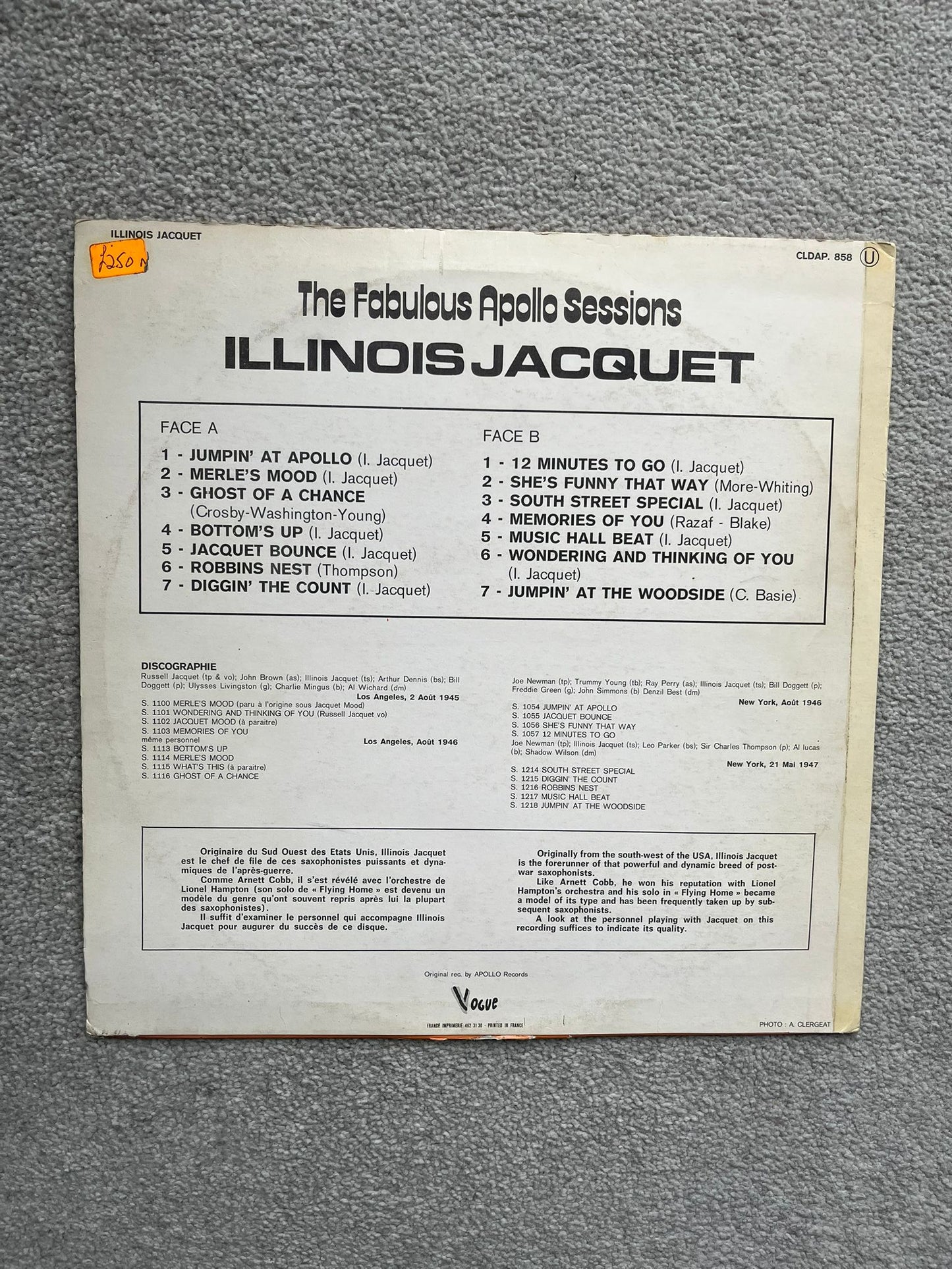 Illinois Jacquet ‎– The Fabulous Apollo Sessions (Used Vinyl LP)